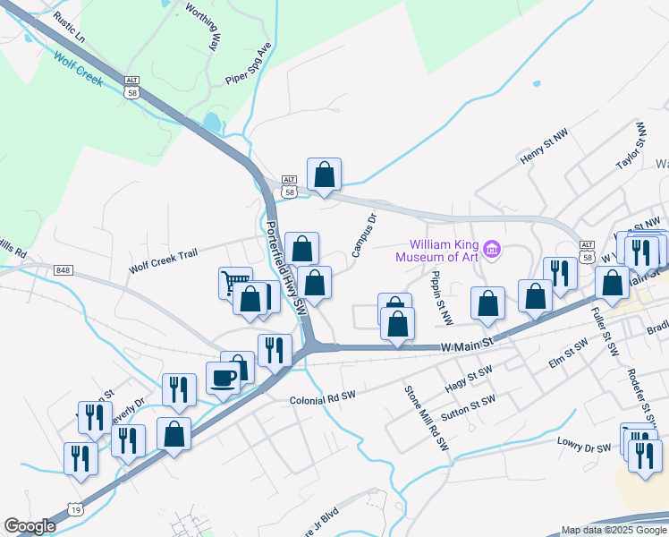 map of restaurants, bars, coffee shops, grocery stores, and more near 673 McBroom St NW in Abingdon