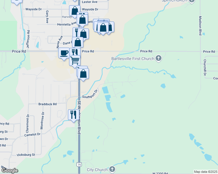 map of restaurants, bars, coffee shops, grocery stores, and more near 4101 Starboard Court in Bartlesville
