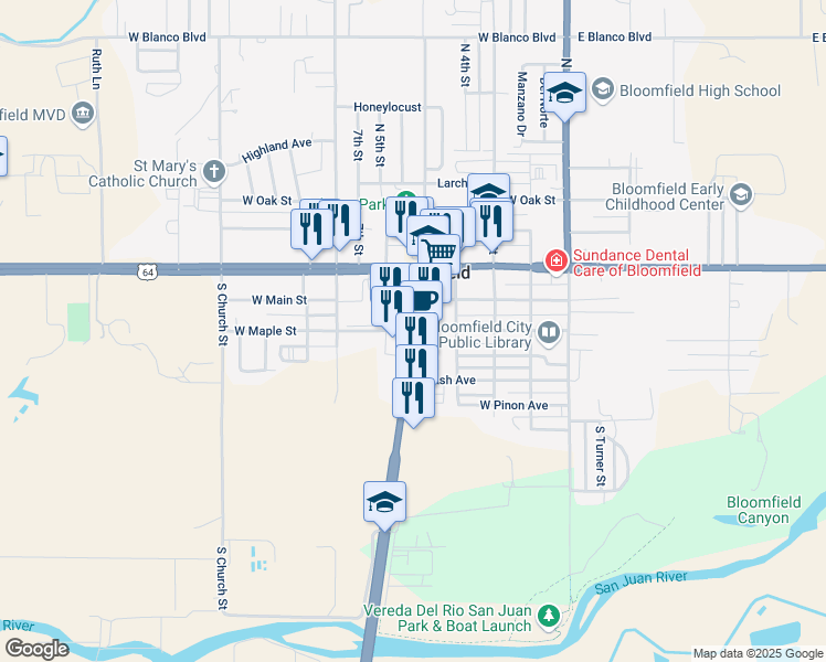 map of restaurants, bars, coffee shops, grocery stores, and more near 501 West Maple Avenue in Bloomfield