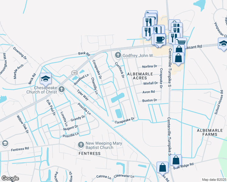 map of restaurants, bars, coffee shops, grocery stores, and more near 1309 Croatan Court in Chesapeake