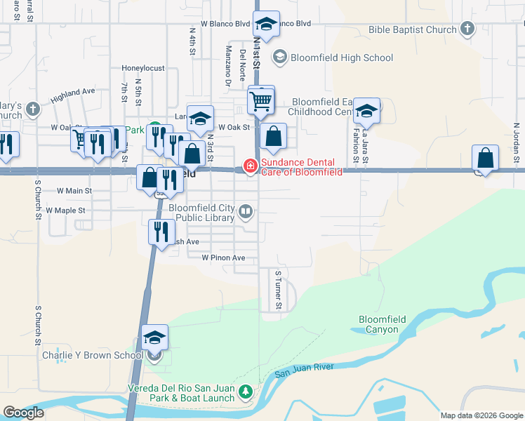 map of restaurants, bars, coffee shops, grocery stores, and more near 22816 North 1st Street in Bloomfield