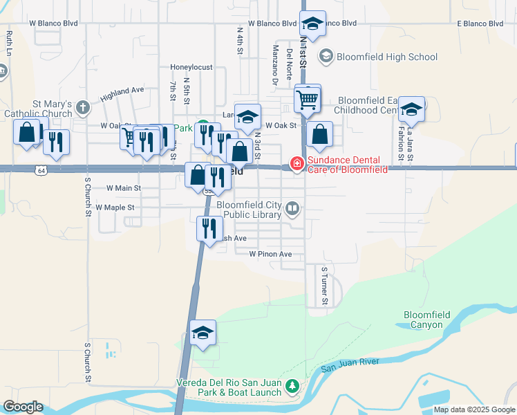 map of restaurants, bars, coffee shops, grocery stores, and more near 398 South 3rd Street in Bloomfield