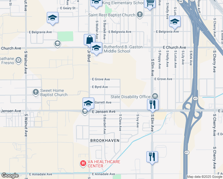 map of restaurants, bars, coffee shops, grocery stores, and more near 1224 East Byrd Avenue in Fresno