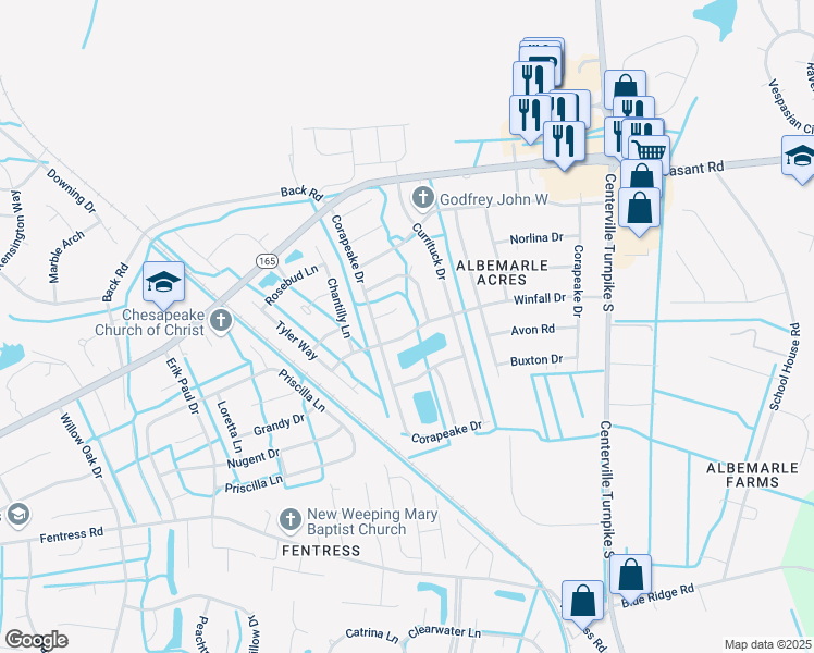 map of restaurants, bars, coffee shops, grocery stores, and more near 1309 Croatan Court in Chesapeake