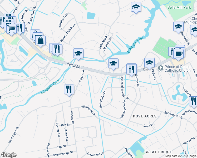 map of restaurants, bars, coffee shops, grocery stores, and more near 424 Charleston Street in Chesapeake