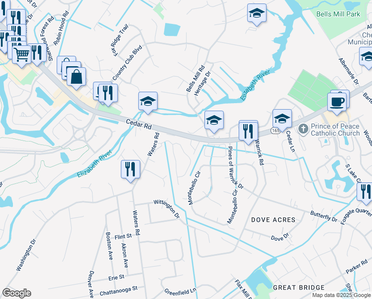 map of restaurants, bars, coffee shops, grocery stores, and more near 424 Charleston Street in Chesapeake