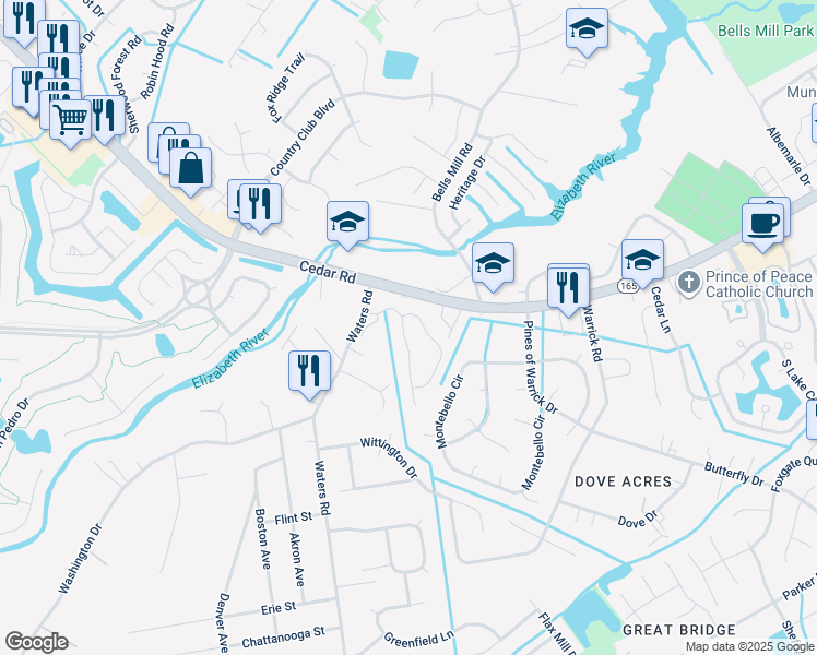 map of restaurants, bars, coffee shops, grocery stores, and more near 302 Middle Oaks Drive in Chesapeake