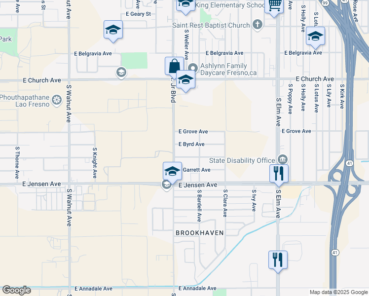 map of restaurants, bars, coffee shops, grocery stores, and more near 944 East Byrd Avenue in Fresno