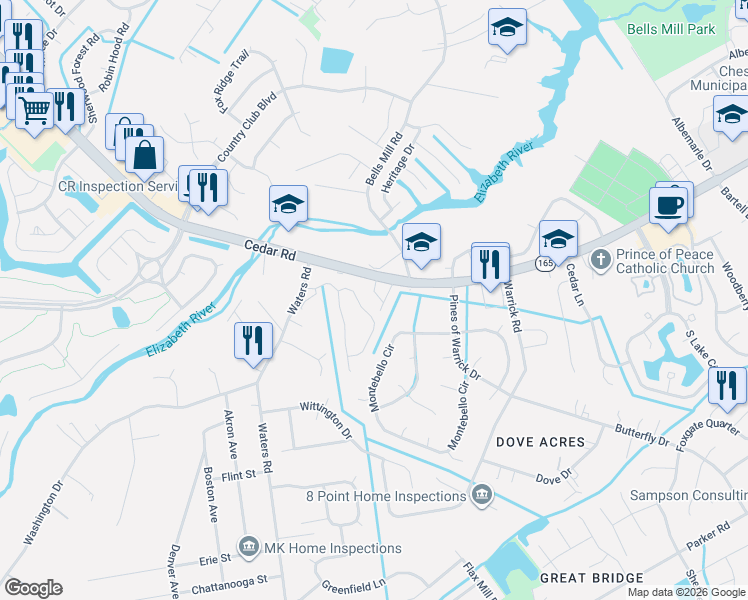 map of restaurants, bars, coffee shops, grocery stores, and more near 424 Charleston Street in Chesapeake