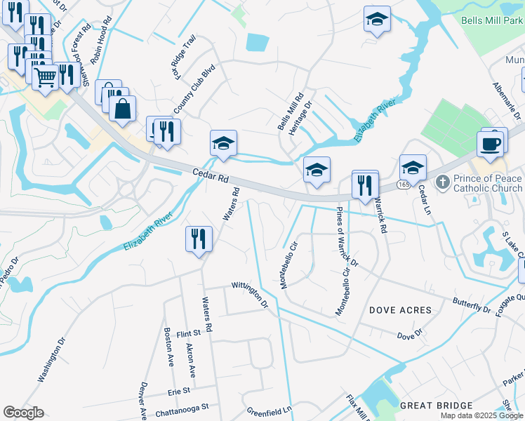 map of restaurants, bars, coffee shops, grocery stores, and more near 302 Middle Oaks Drive in Chesapeake