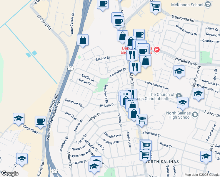 map of restaurants, bars, coffee shops, grocery stores, and more near 1538 Sepulveda Drive in Salinas