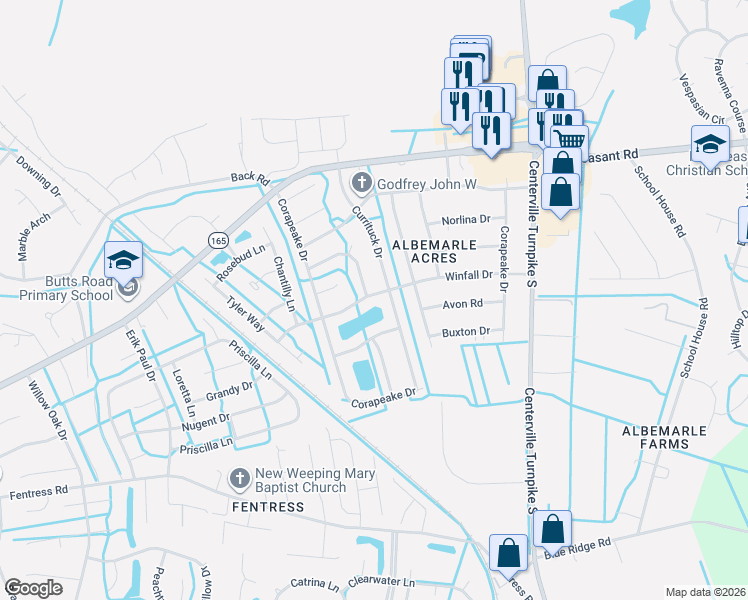 map of restaurants, bars, coffee shops, grocery stores, and more near 1325 Winfall Drive in Chesapeake