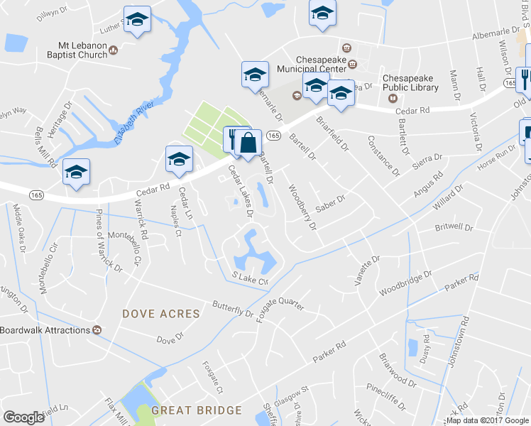 map of restaurants, bars, coffee shops, grocery stores, and more near 501 East Lake Circle in Chesapeake