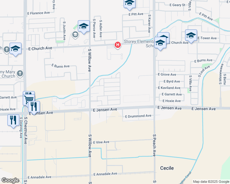 map of restaurants, bars, coffee shops, grocery stores, and more near 166 Briarcliff Boulevard in Fresno