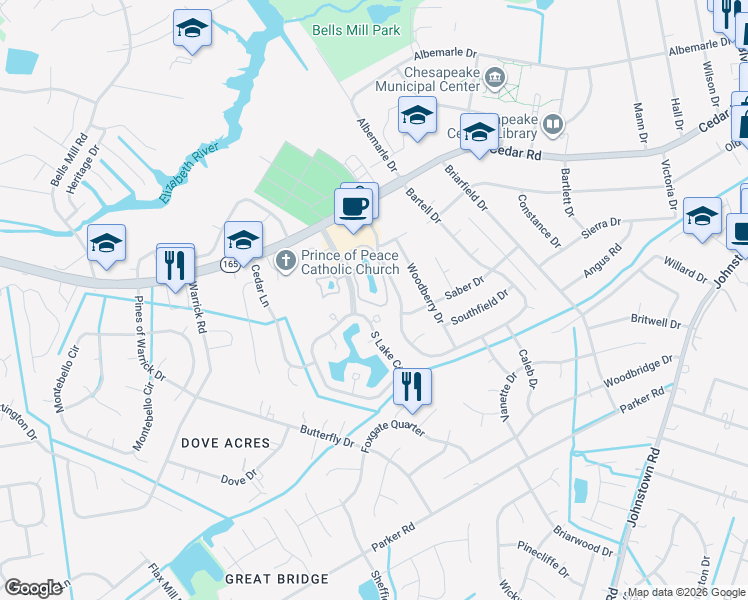map of restaurants, bars, coffee shops, grocery stores, and more near 503 East Lake Circle in Chesapeake