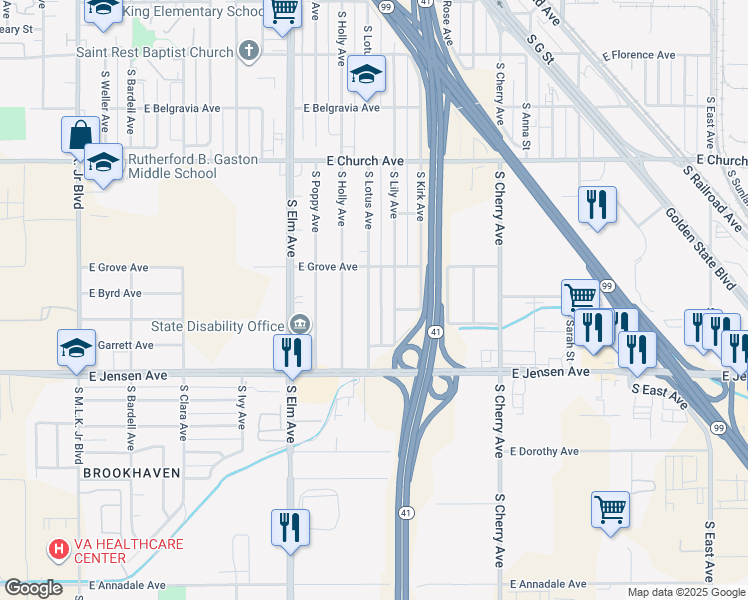 map of restaurants, bars, coffee shops, grocery stores, and more near 2531 South Lotus Avenue in Fresno