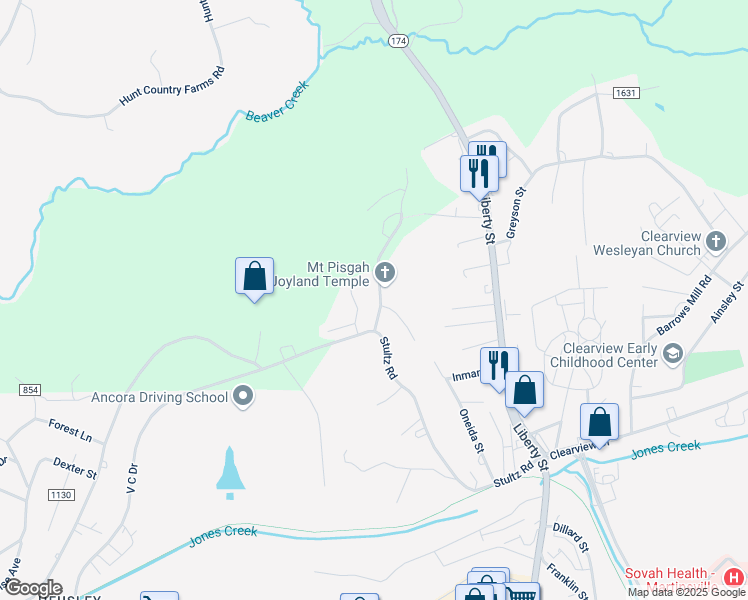 map of restaurants, bars, coffee shops, grocery stores, and more near 705B Melody Lane in Martinsville