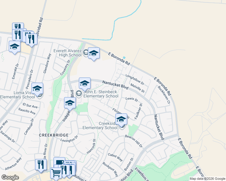 map of restaurants, bars, coffee shops, grocery stores, and more near 1858 Bradbury Street in Salinas
