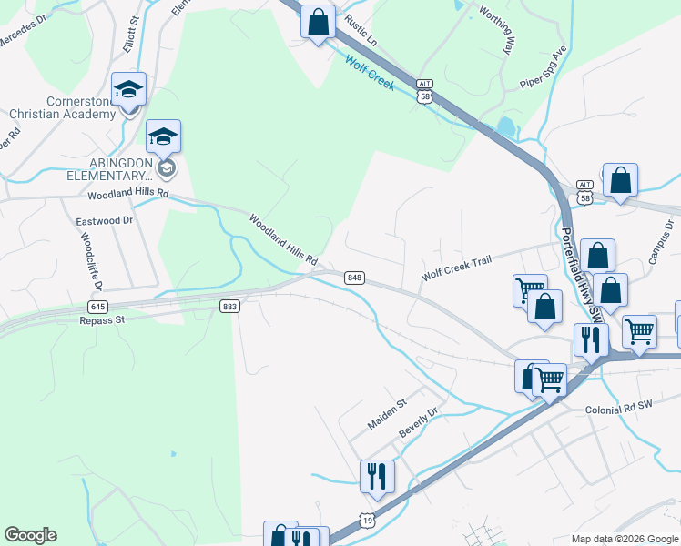 map of restaurants, bars, coffee shops, grocery stores, and more near State Road 848 in Abingdon