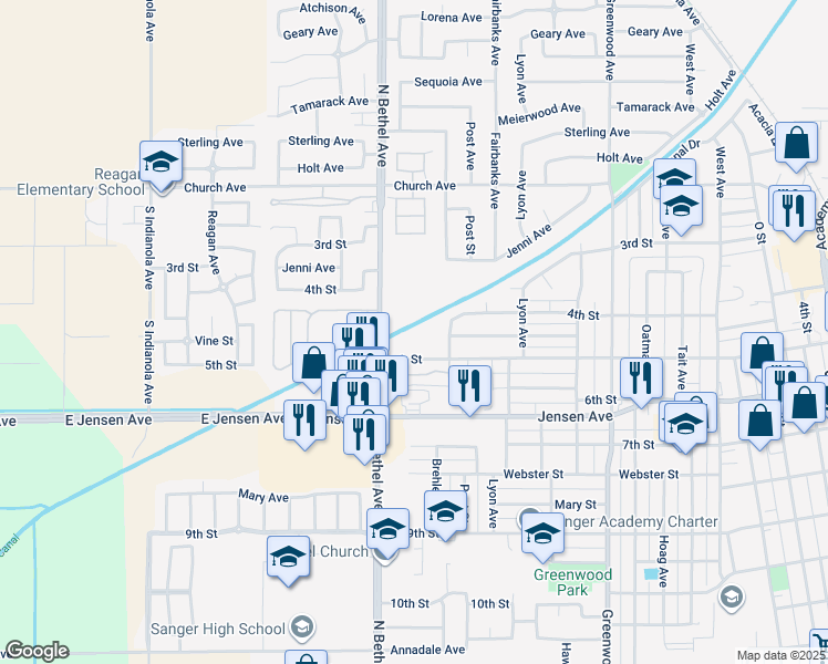 map of restaurants, bars, coffee shops, grocery stores, and more near 2546 5th Street in Sanger