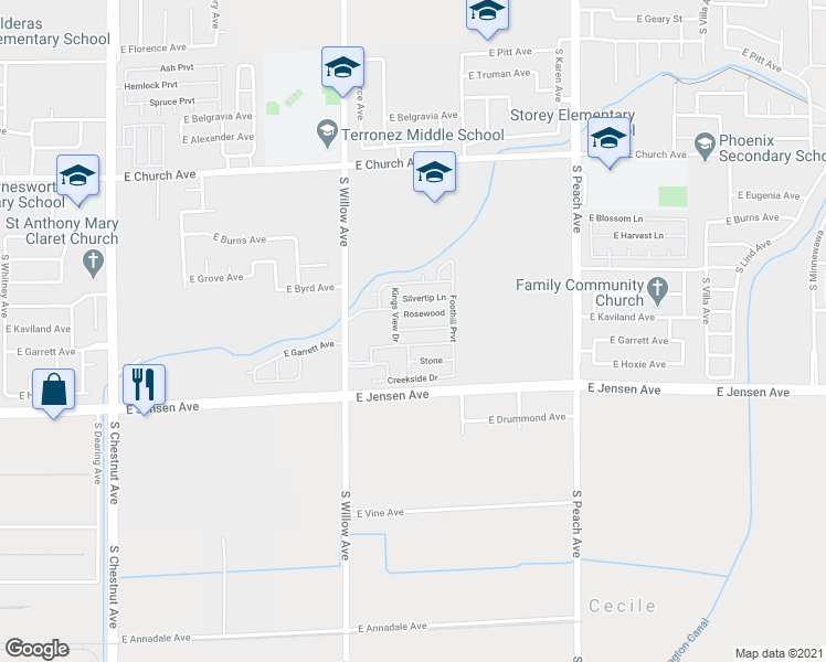 map of restaurants, bars, coffee shops, grocery stores, and more near 15 Kings View Drive in Fresno