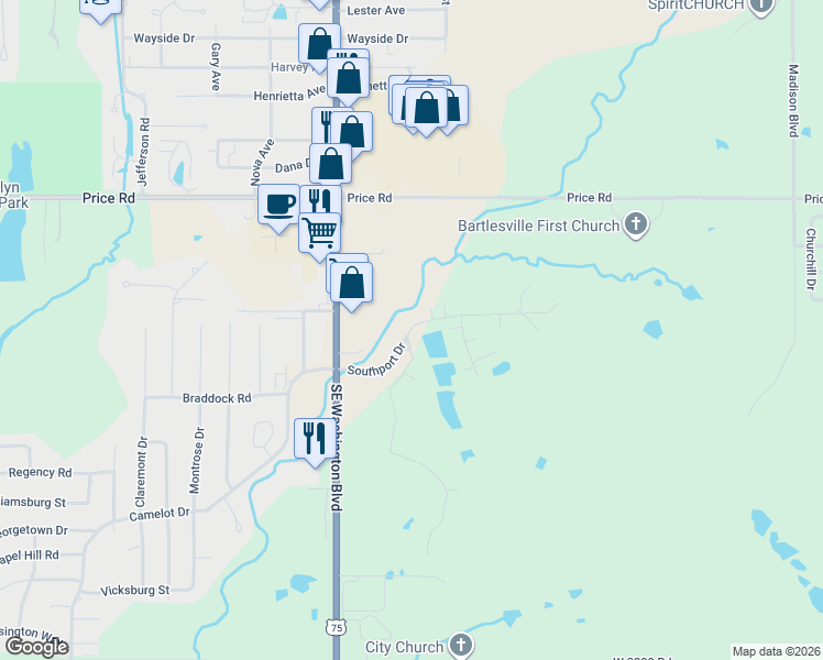map of restaurants, bars, coffee shops, grocery stores, and more near 4002 Southport Drive in Bartlesville