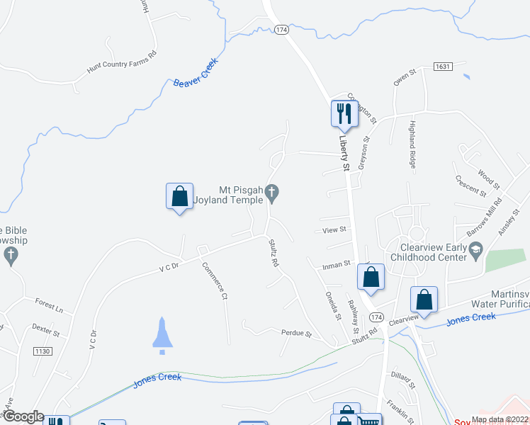 map of restaurants, bars, coffee shops, grocery stores, and more near 705 Melody Lane in Martinsville