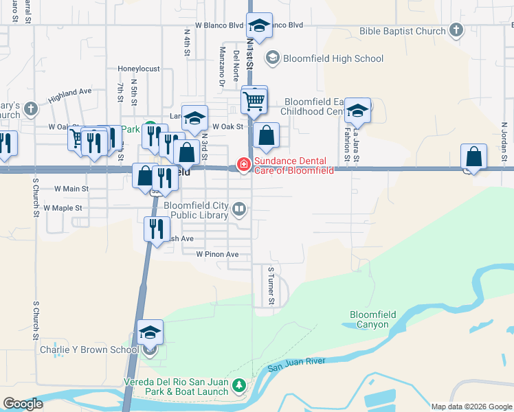 map of restaurants, bars, coffee shops, grocery stores, and more near 22816 North 1st Street in Bloomfield