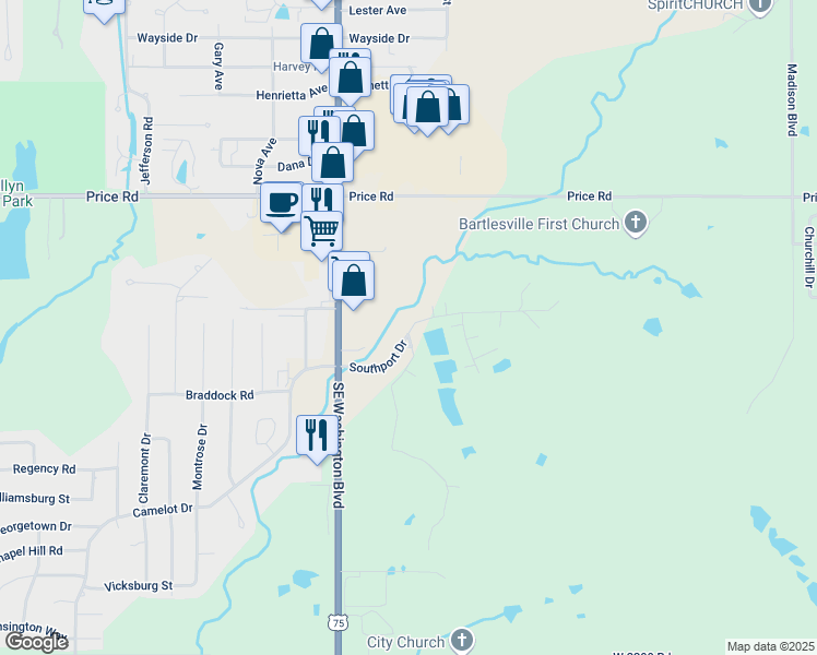 map of restaurants, bars, coffee shops, grocery stores, and more near 4002 Southport Drive in Bartlesville