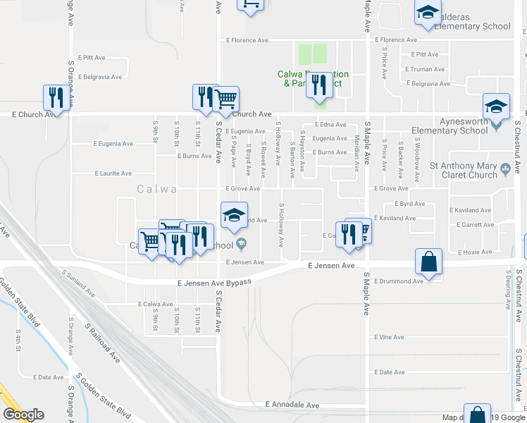 map of restaurants, bars, coffee shops, grocery stores, and more near 5533 South Rowell Avenue in Fresno