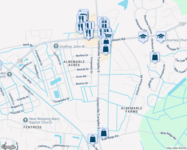 map of restaurants, bars, coffee shops, grocery stores, and more near 509 Corapeake Drive in Chesapeake