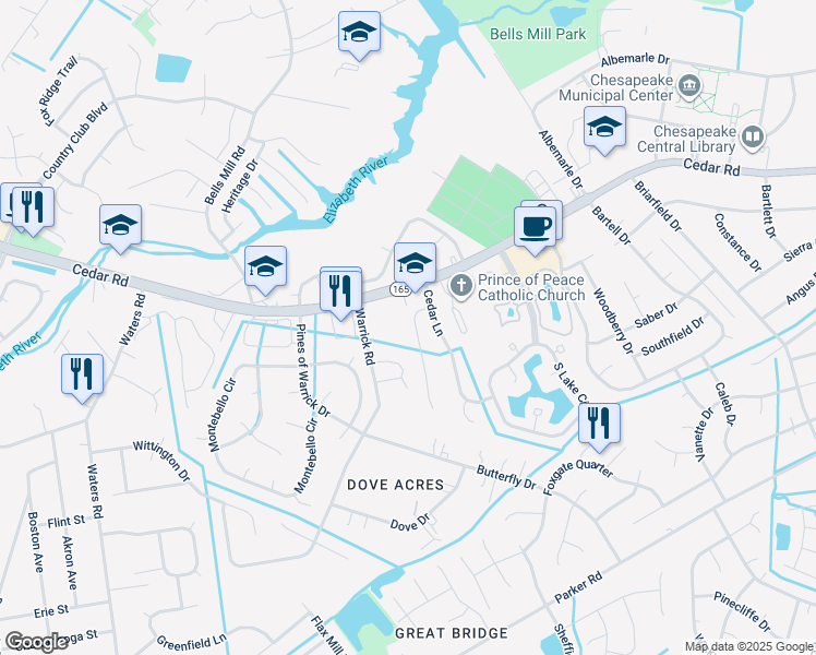 map of restaurants, bars, coffee shops, grocery stores, and more near 312 Naples Court in Chesapeake