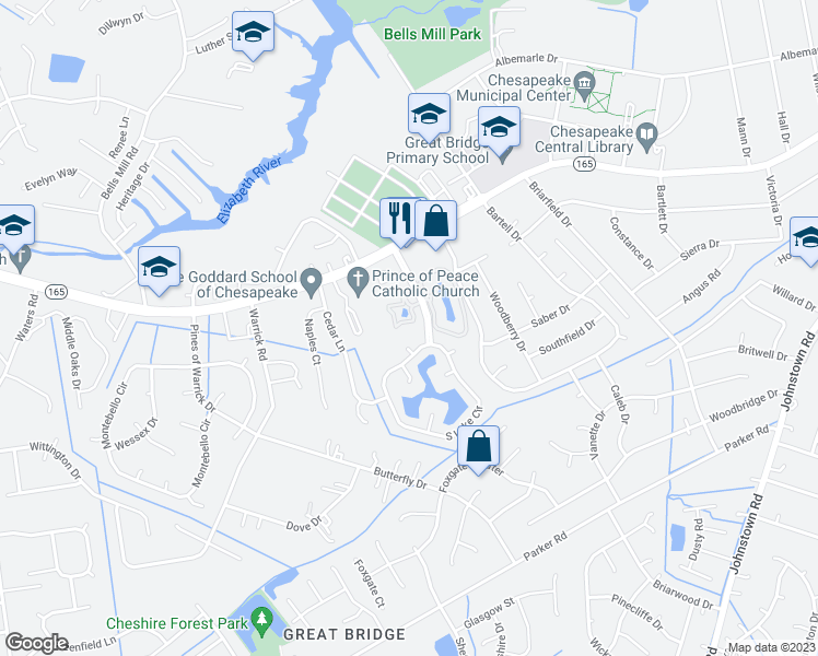 map of restaurants, bars, coffee shops, grocery stores, and more near 814 West Lake Circle in Chesapeake