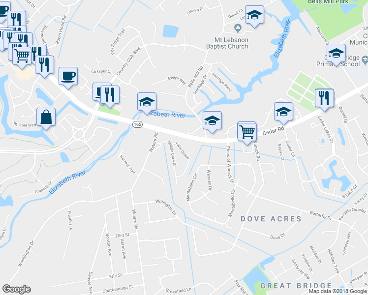 map of restaurants, bars, coffee shops, grocery stores, and more near 330 Faire Chase in Chesapeake