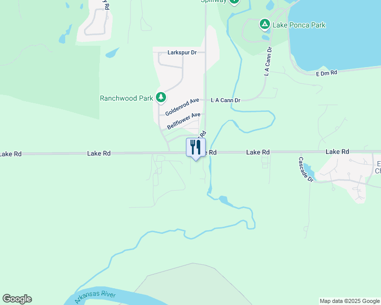 map of restaurants, bars, coffee shops, grocery stores, and more near Lake Road & Kygar Road in Ponca City