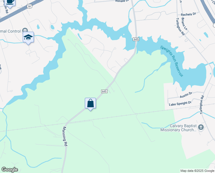 map of restaurants, bars, coffee shops, grocery stores, and more near 649 Manning Road in Suffolk