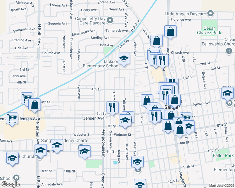 map of restaurants, bars, coffee shops, grocery stores, and more near 412 Oatman Avenue in Sanger