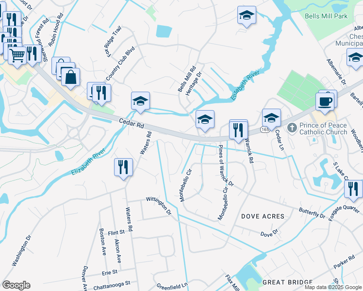 map of restaurants, bars, coffee shops, grocery stores, and more near 424 Charleston Street in Chesapeake