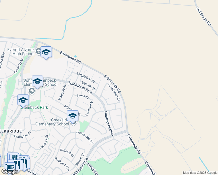 map of restaurants, bars, coffee shops, grocery stores, and more near 1124 Rockhaven Court in Salinas