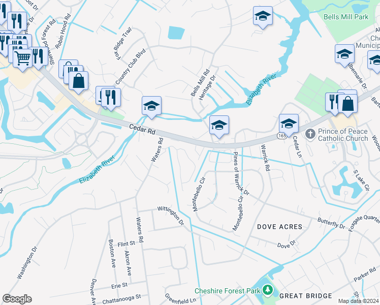 map of restaurants, bars, coffee shops, grocery stores, and more near 328 Faire Chase in Chesapeake