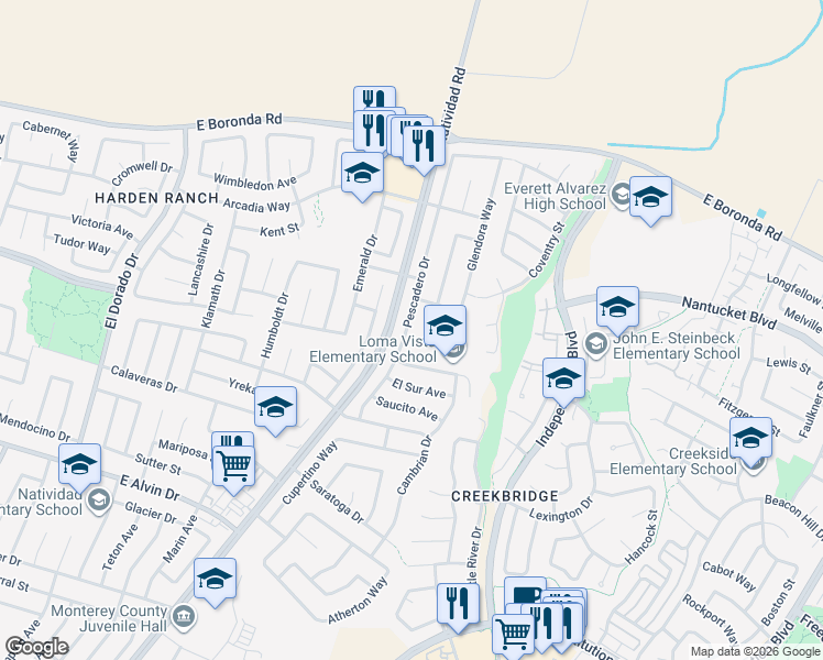 map of restaurants, bars, coffee shops, grocery stores, and more near 1776 Pescadero Drive in Salinas