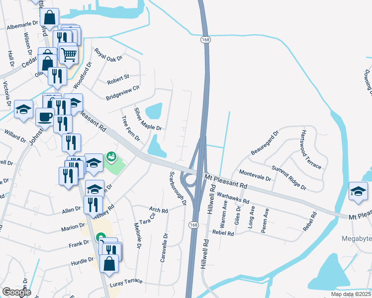 map of restaurants, bars, coffee shops, grocery stores, and more near 353 Carawan Lane in Chesapeake