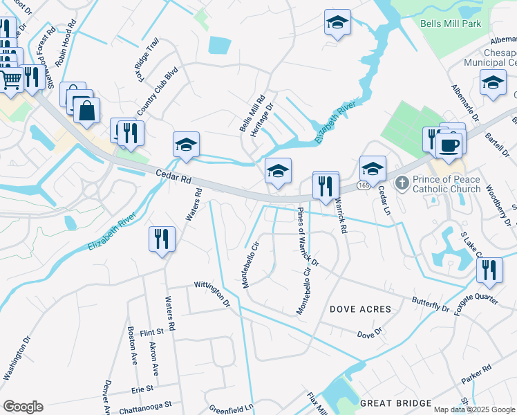 map of restaurants, bars, coffee shops, grocery stores, and more near 325 Sikeston Lane in Chesapeake