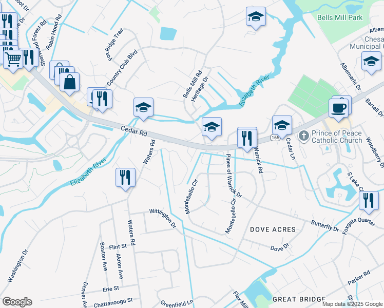 map of restaurants, bars, coffee shops, grocery stores, and more near 424 Charleston Street in Chesapeake