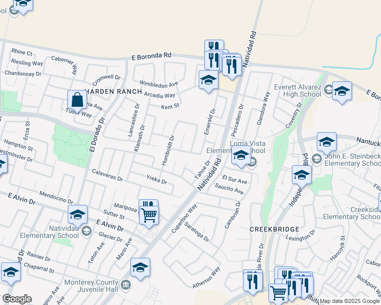 map of restaurants, bars, coffee shops, grocery stores, and more near Donner Way & Truckee Way in Salinas