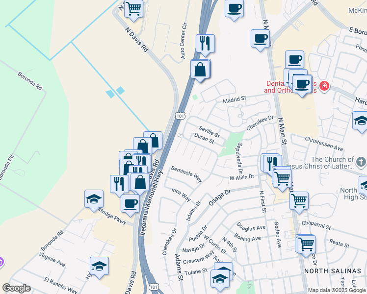 map of restaurants, bars, coffee shops, grocery stores, and more near 1518 Duran Circle in Salinas