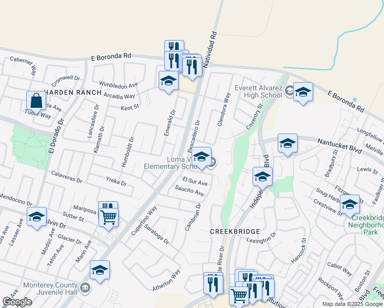 map of restaurants, bars, coffee shops, grocery stores, and more near 1776 Pescadero Drive in Salinas