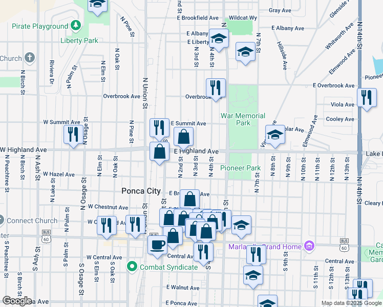map of restaurants, bars, coffee shops, grocery stores, and more near 612 North 3rd Street in Ponca City
