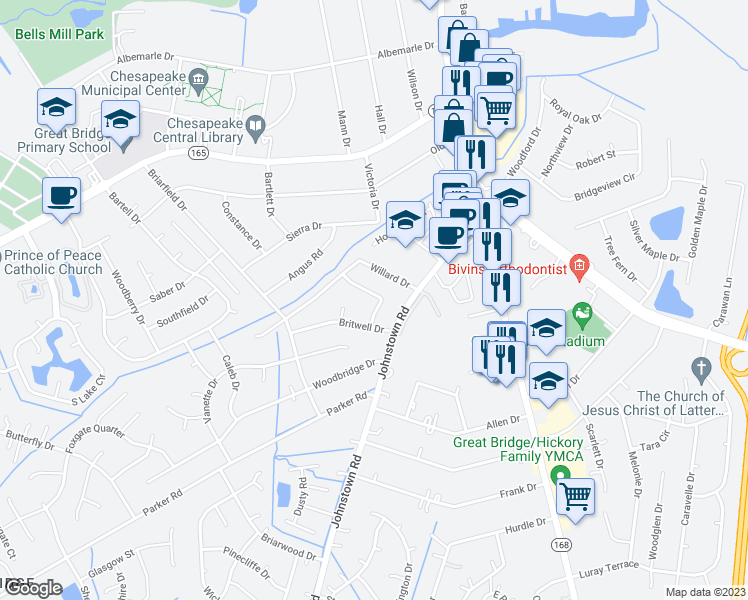 map of restaurants, bars, coffee shops, grocery stores, and more near 212 Hallbridge Drive in Chesapeake