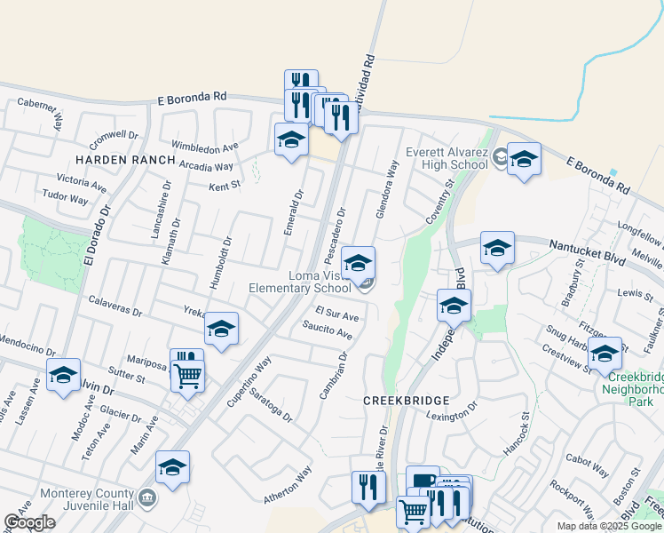 map of restaurants, bars, coffee shops, grocery stores, and more near 1776 Pescadero Drive in Salinas